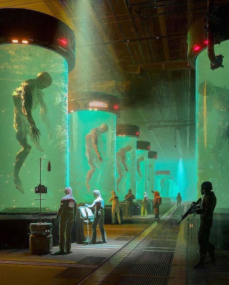 Laboratory experiment scientist glass tubes giant creatures made soldiers biohazard scifi art.