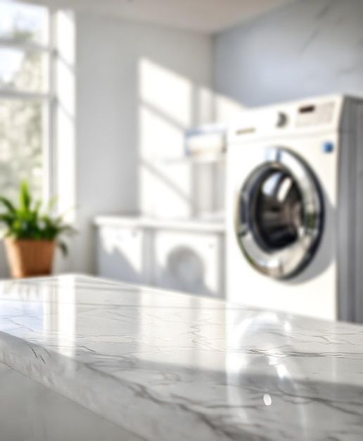 Tabletop with blurred laundry room background backdrop for detergents products display | Premium AI-generated image