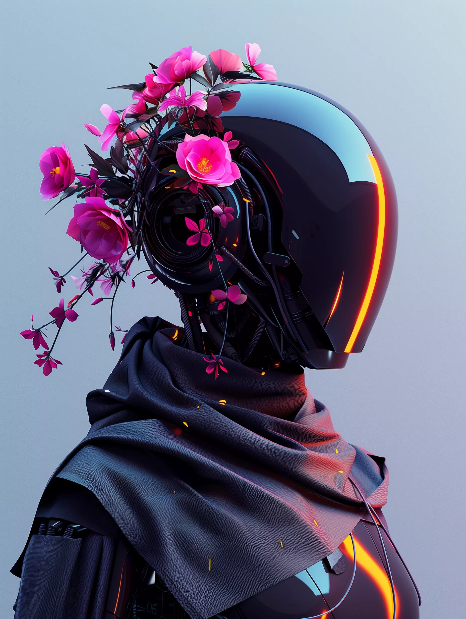 a person wearing a helmet with flowers on it’s head