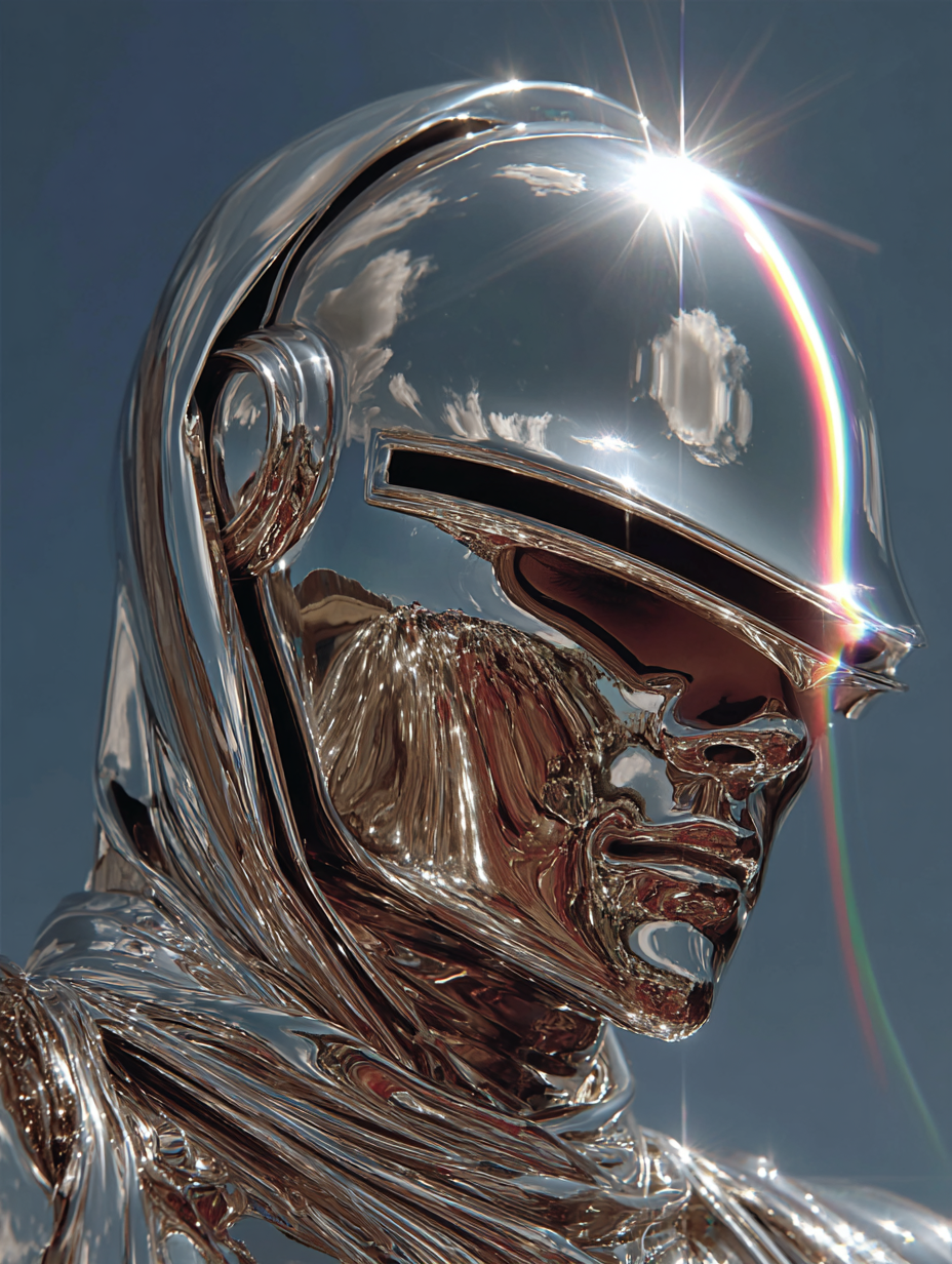Iridescent Chrome Male Statue. Hyperreal Surreal Portrait. Radiant Chrome Knight