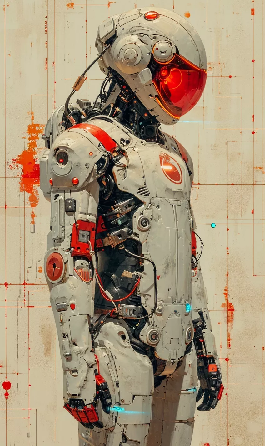 a man in a futuristic suit standing in front of a wall