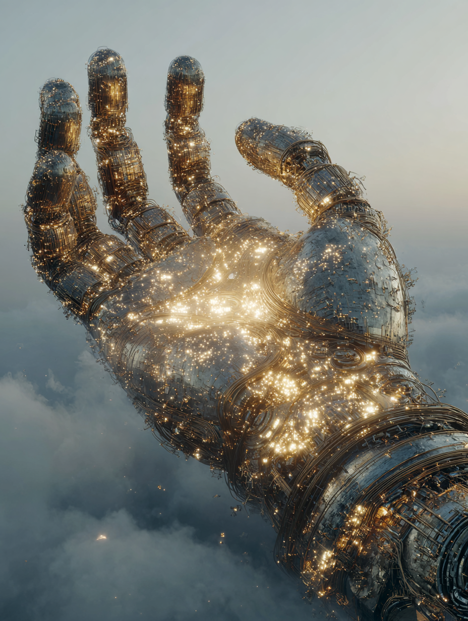 Golden Data Hand with Lights. Digital Age Concept