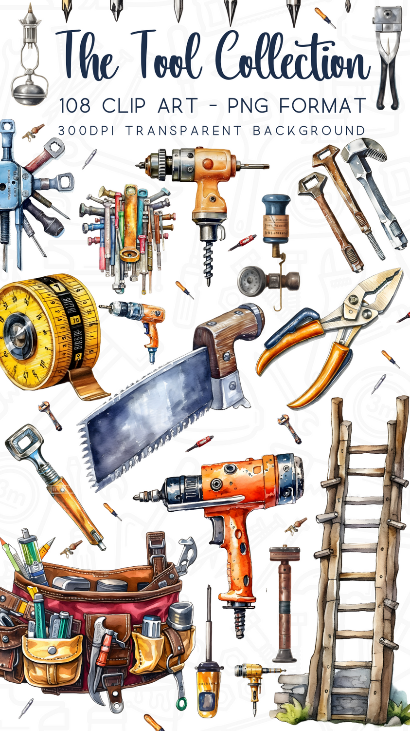 Tool Clip Art Collection – 108 Designs with Hand Saw, Drills, Measuring Tape, and More
