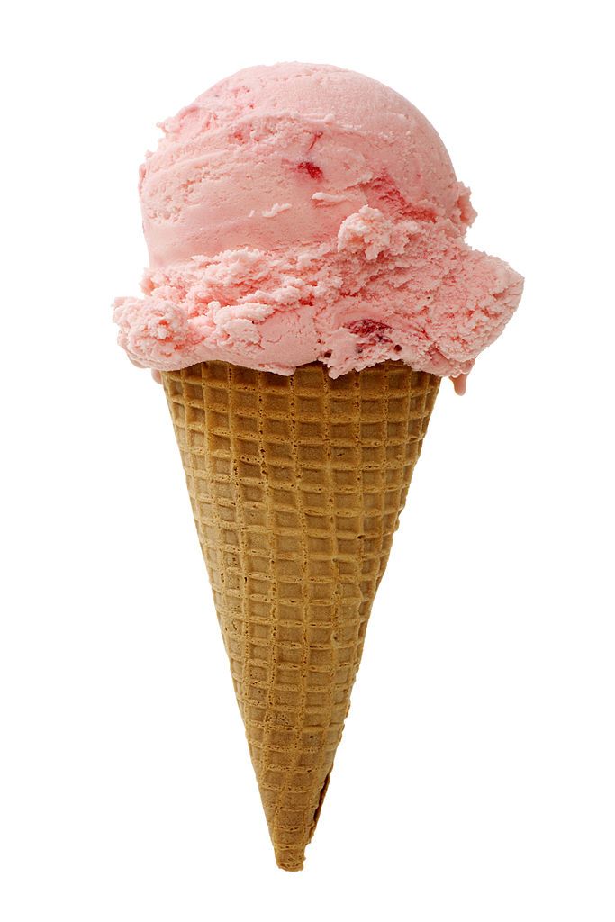 Strawberry ice cream cone isolated on white background.