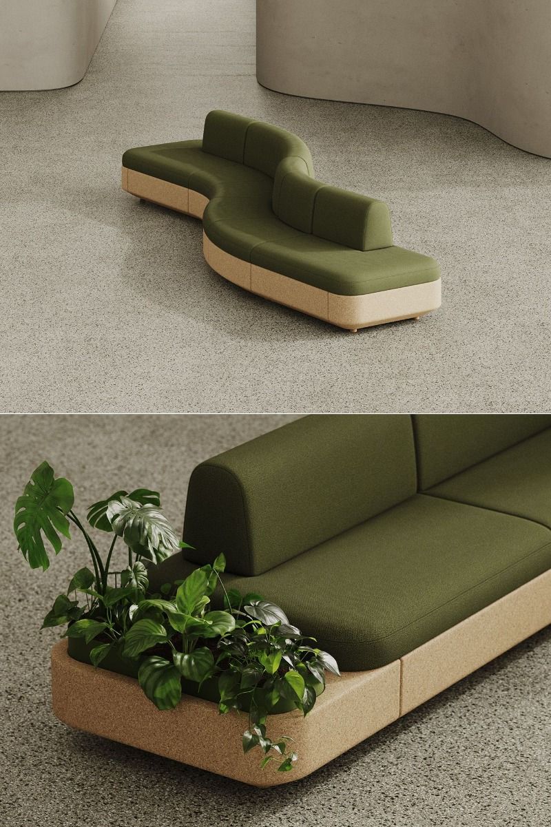 Tejo modular sofa system is made of recycled cork, wool, hemp, and natural latex