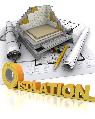 Home interior cross section with the word isolation (French) written in  insulation tape
