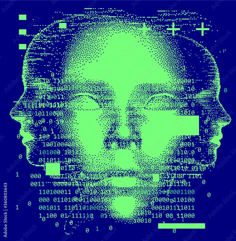 Vector de Stock Abstract technology background with binary code and 3d face mask. Conceptual illustration of Artificial intelligence. | Adobe Stock