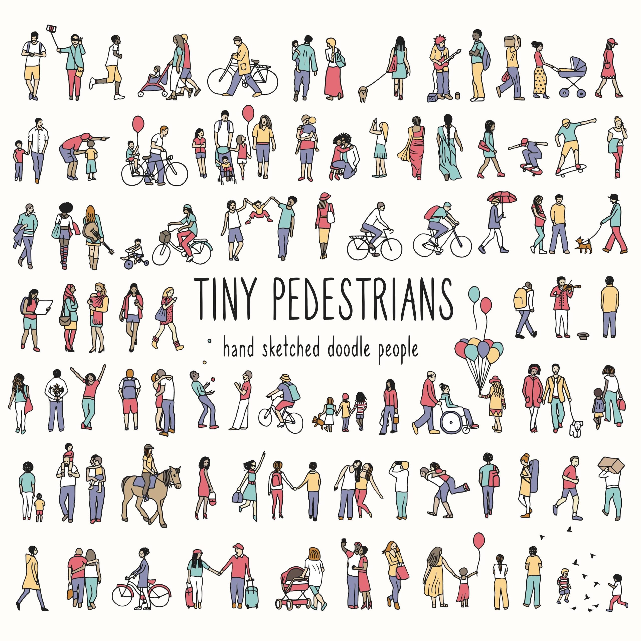 Petits piétons – ensemble de personnes vectorielles dessinées à la main, petites personnes urbaines marchant dans la rue, vecteurs SVG et PNG, diverses personnes vectorielles