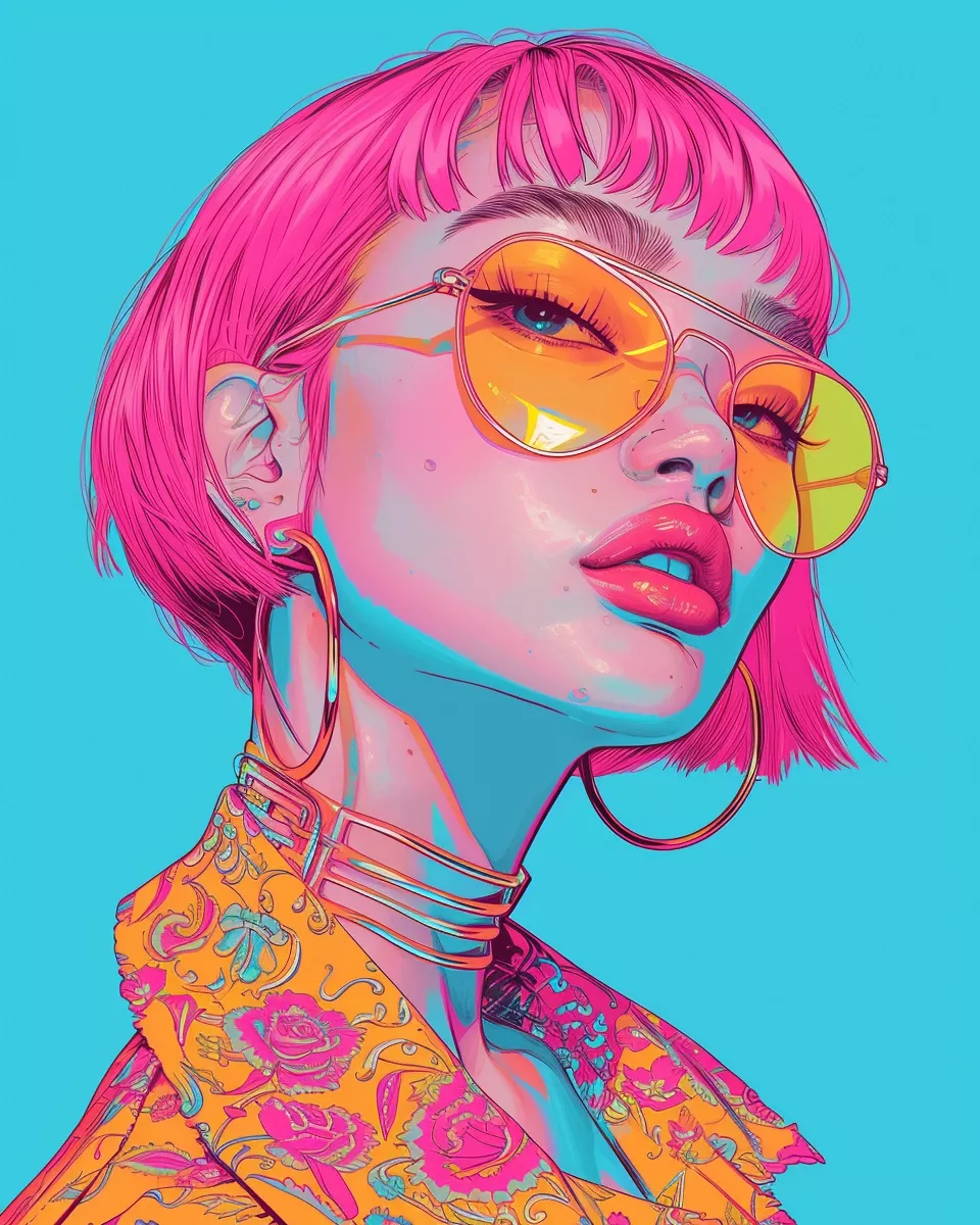 a woman with pink hair and yellow sunglasses