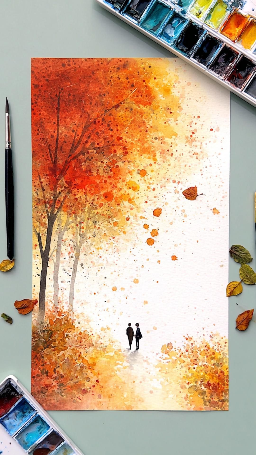 Cozy Couple Autumn Walk Watercolor and Ink Painting