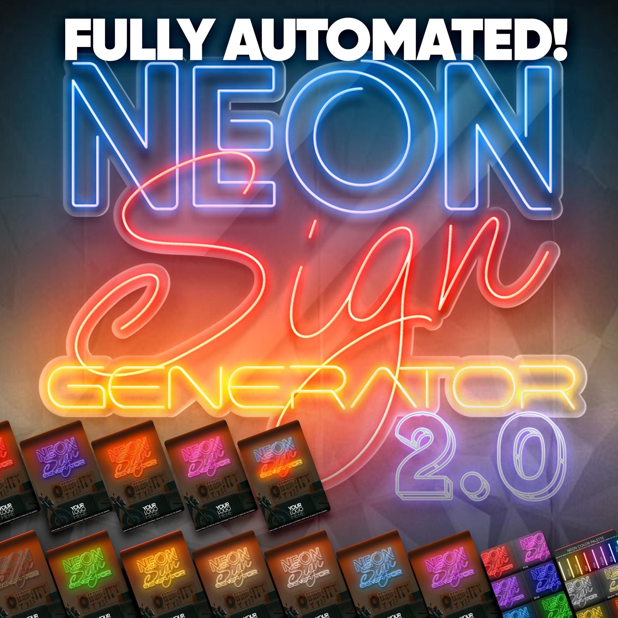 Neon Sign Generator 2.0 – Modèle Photoshop modifiable avec plugin pour générer des fichiers de variantes de couleur d’enseignes au néon