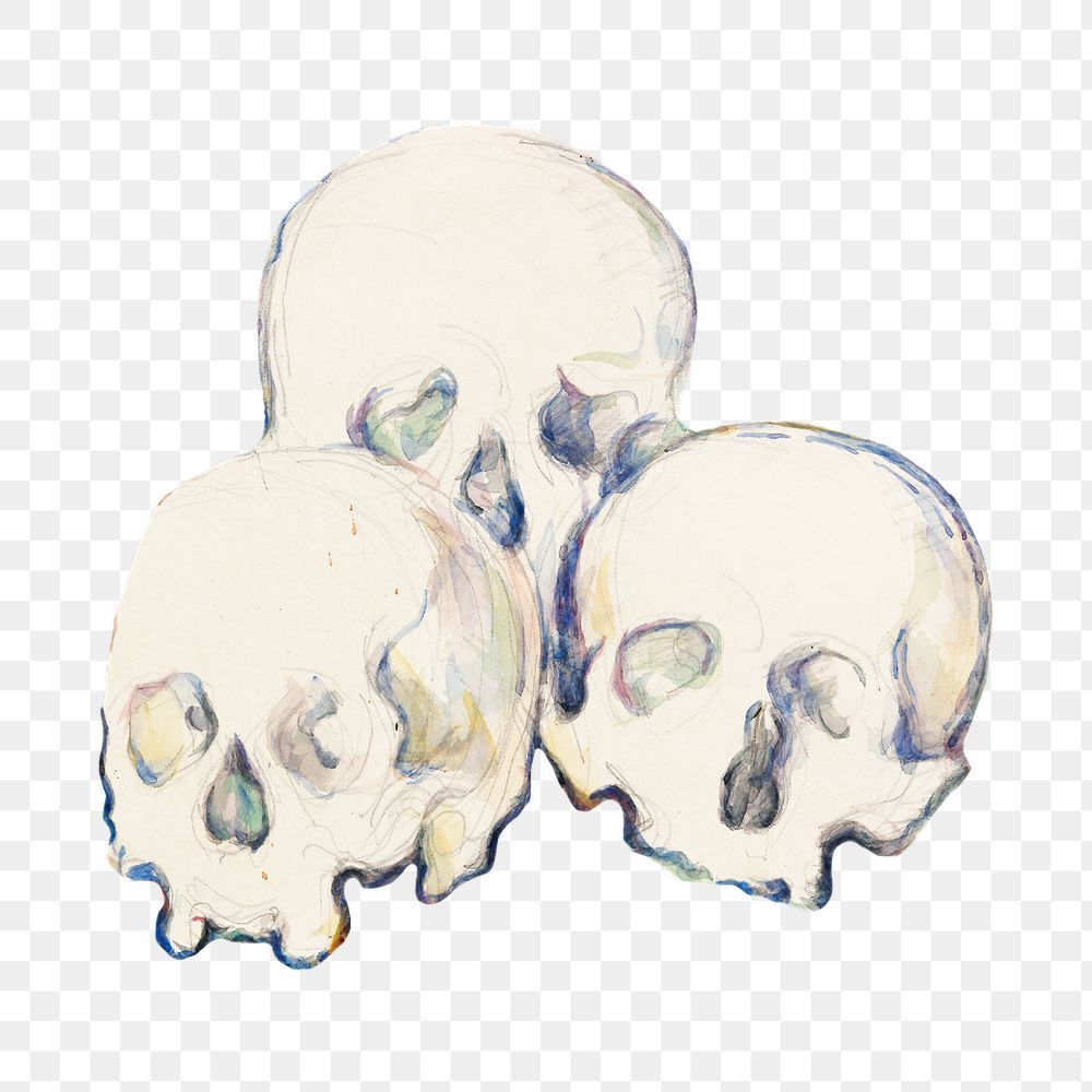 Download premium png of Png Cezanne’s Three Skulls sticker, still life painting, transparent backgr