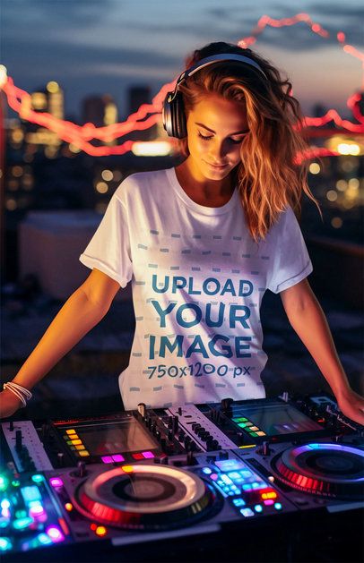 AI-Generated Mockup of a Female DJ Wearing a T-Shirt in the Booth 10