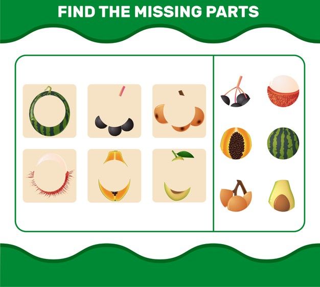 Find the missing parts of cartoon fruits. searching game. educational game for pre shool years kids and toddlers | Premium Vector