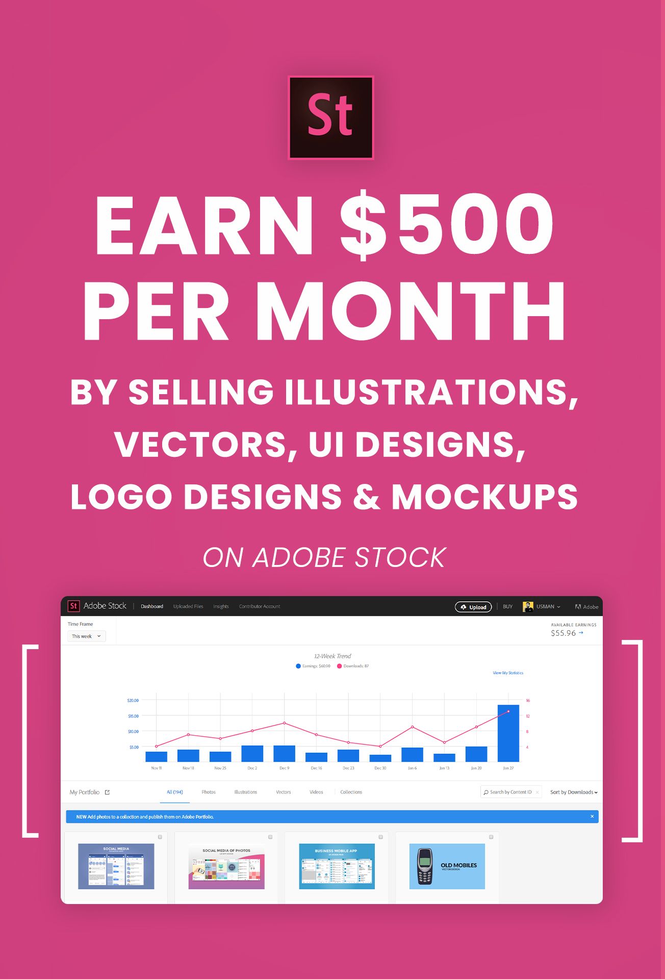 Earn 0 per month selling your designs, illustration, photos and videos