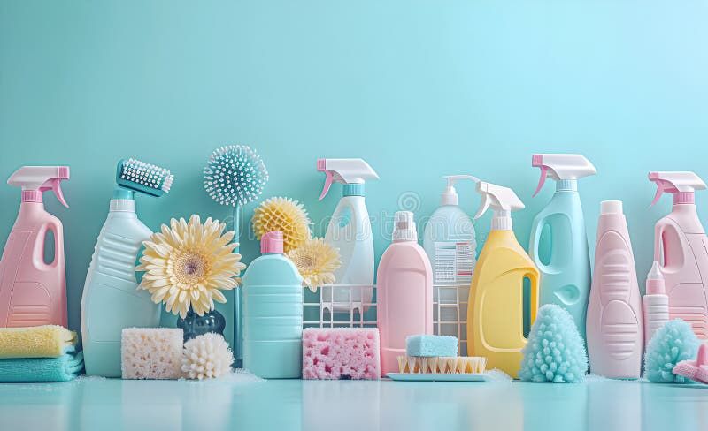 Cleaning supplies in pastel colors stock photos