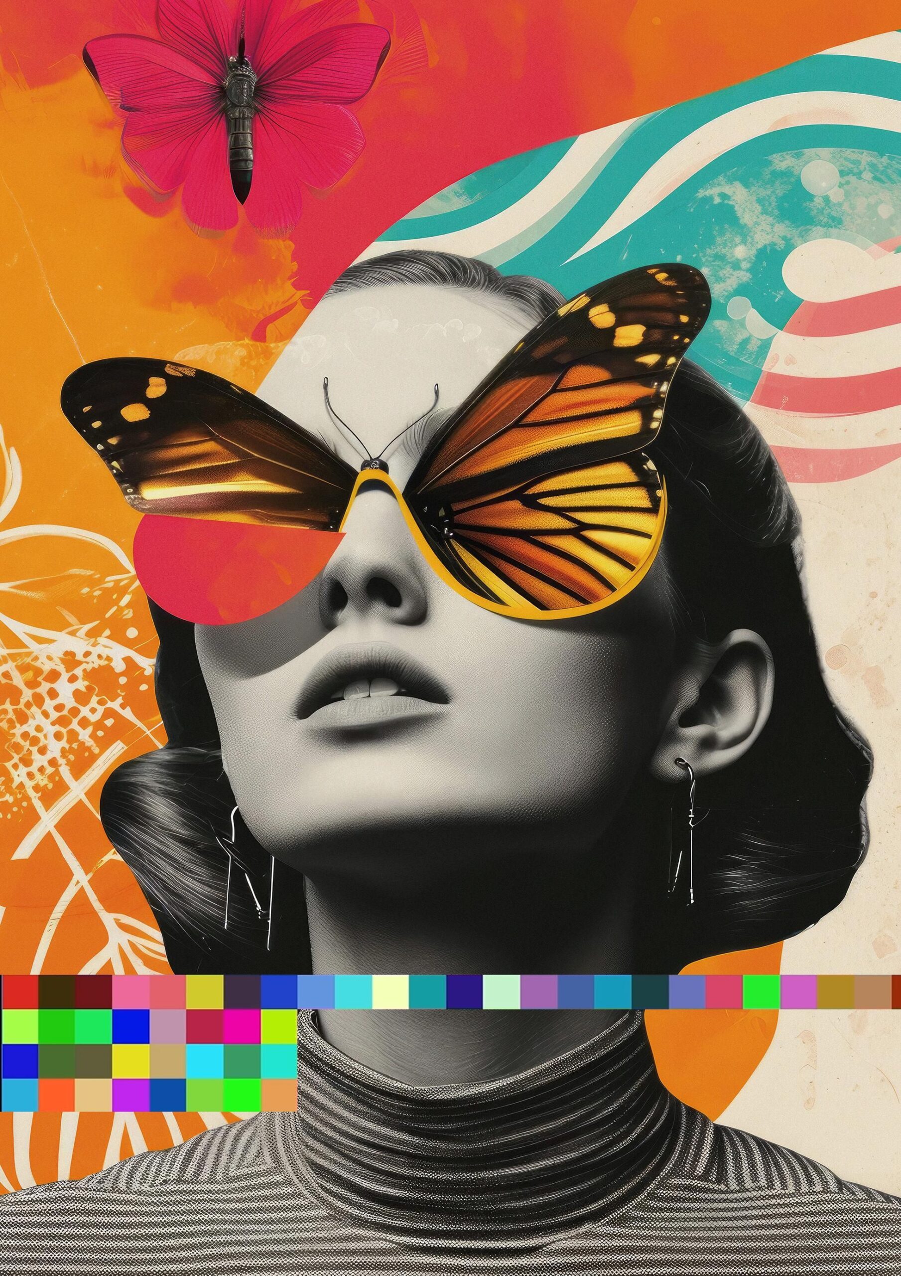 Vintage collage style poster design, woman and colorful butterfly glasses. Machine generated printable poster design.