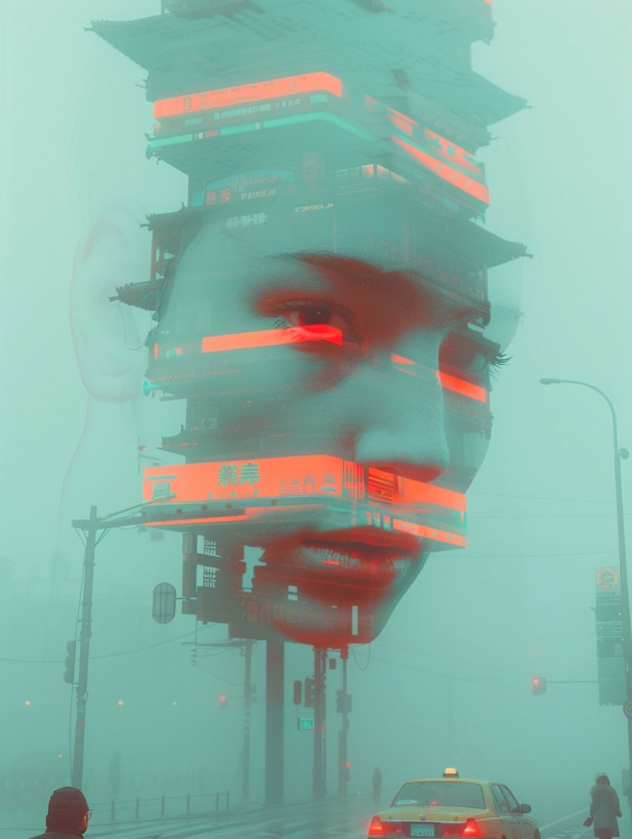 Urban Mirage: Futuristic Faces in Neon Haze