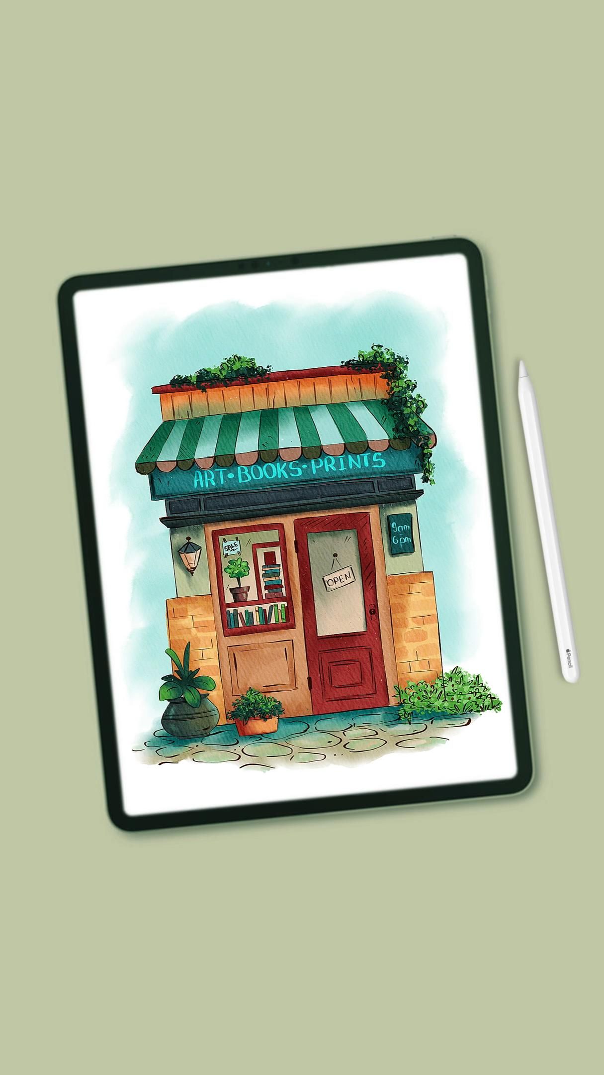 Cute watercolor bookstore illustration in Procreate