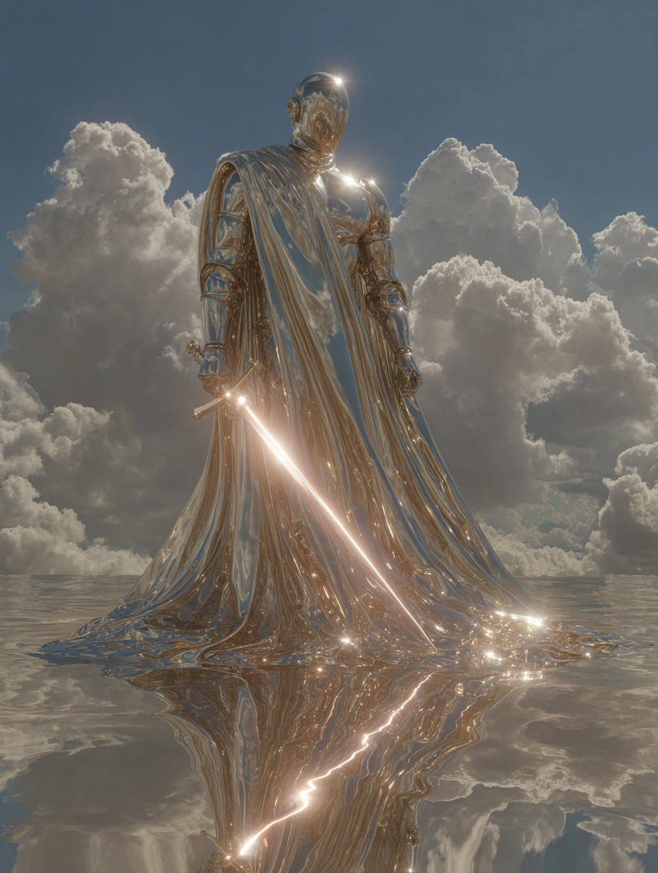 Iridescent Chrome Male Statue. warrior god in armor. Hyperreal Surreal Portrait