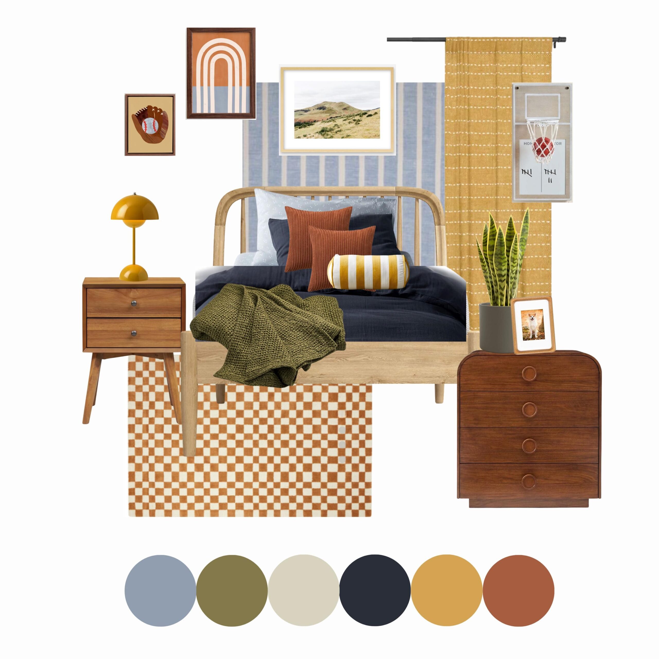 Ensemble design pour chambre de garçon Sawyer | Tableau d’ambiance de décoration d’intérieur préfabriqué | Liste d’achats de chambre à coucher | Téléchargement instantané de la conception électronique