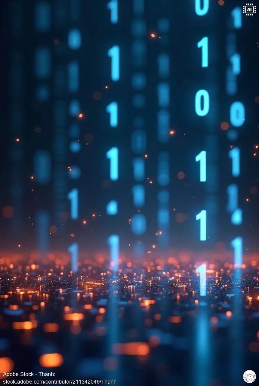 Binary code blue digital orange circuit board technology – Adobe Stock (080725649604)