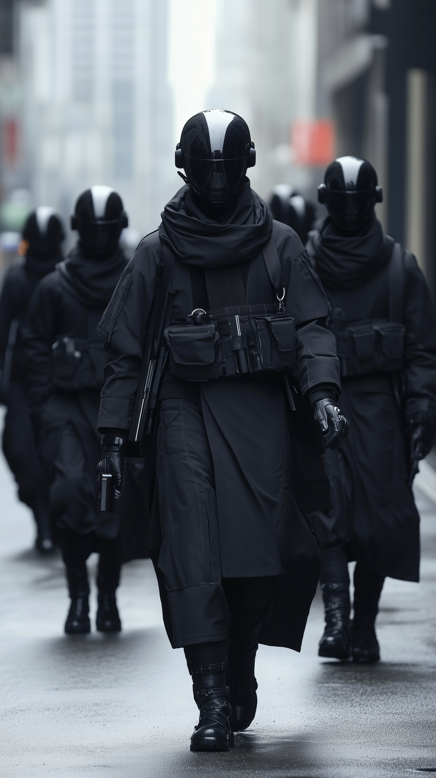 Enforcement March – Blackout Soldiers in Algorithmic Uniform Across the Wet City