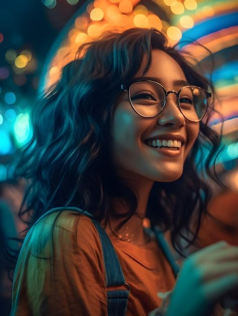 A woman wearing glasses smiles at the camera. | Premium AI-generated image