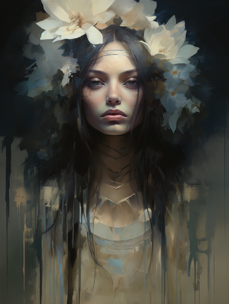 a painting of a woman with flowers in her hair