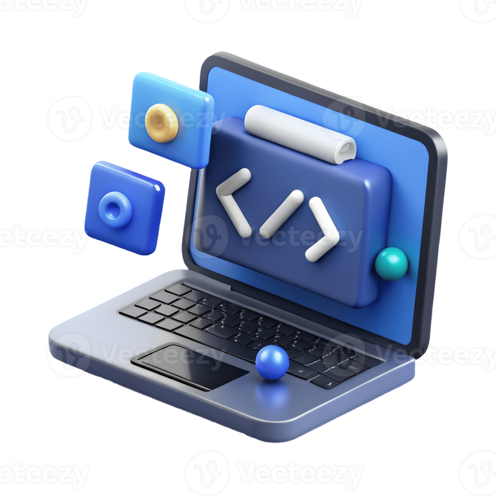 3D Rendered Laptop with Coding Symbols and Floating Icons on a Transparent Background, on a transparent background,