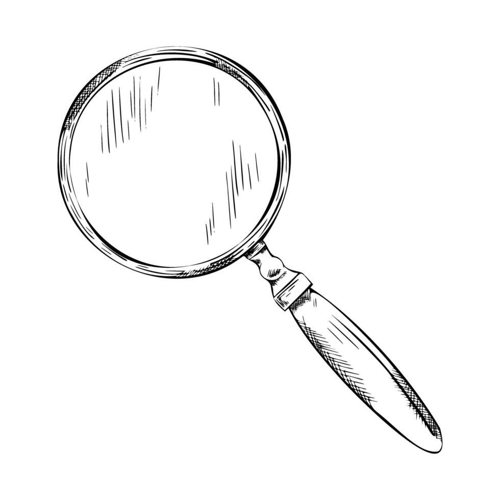 line illustration of magnifying glass. Hand drawing of magnifier lens. Monochrome Outline graphics vintage loupe for icon or logo. Engraving of the search icon