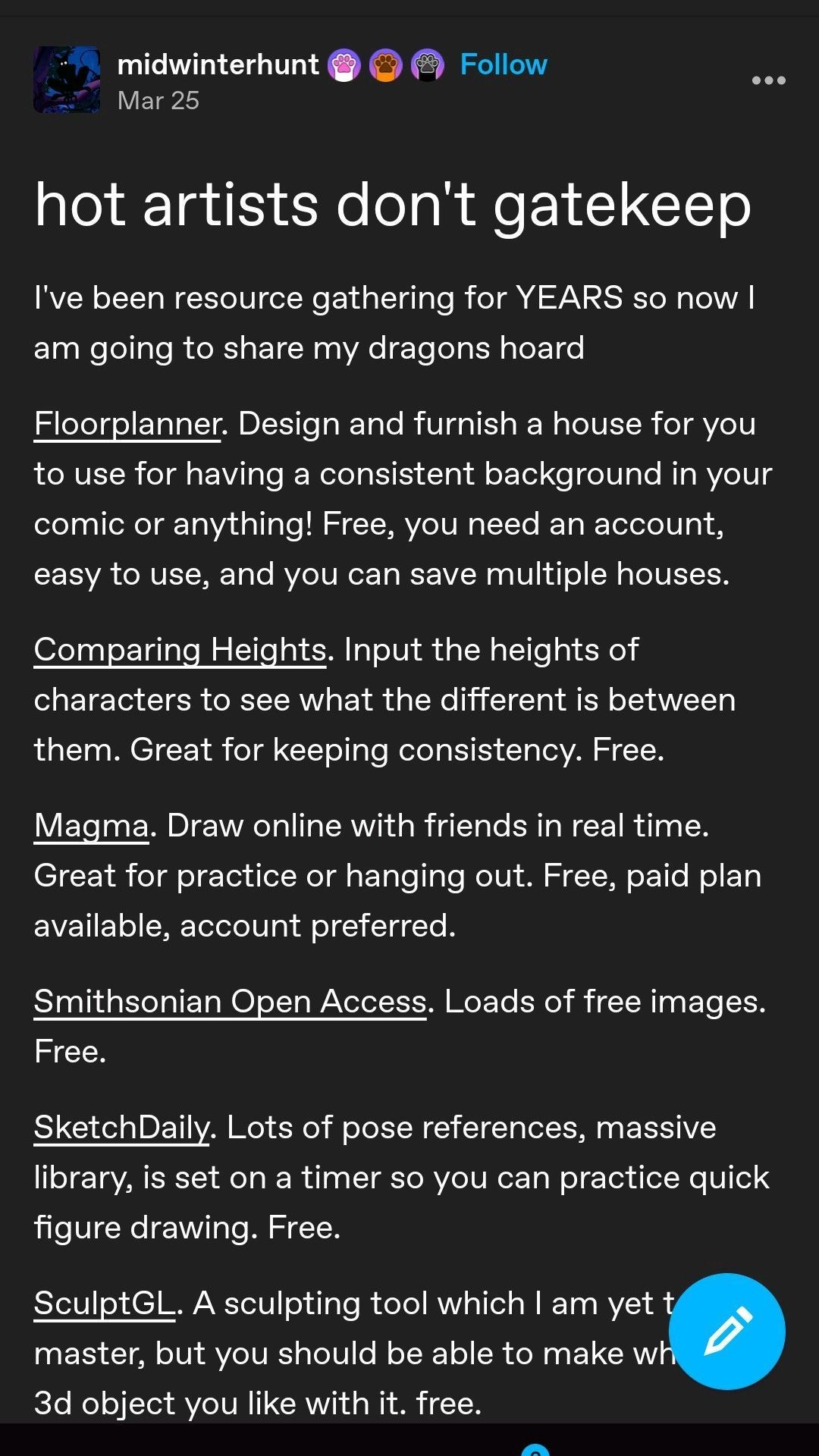 Free tools for artists (and really, a shit ton of other stuff), by