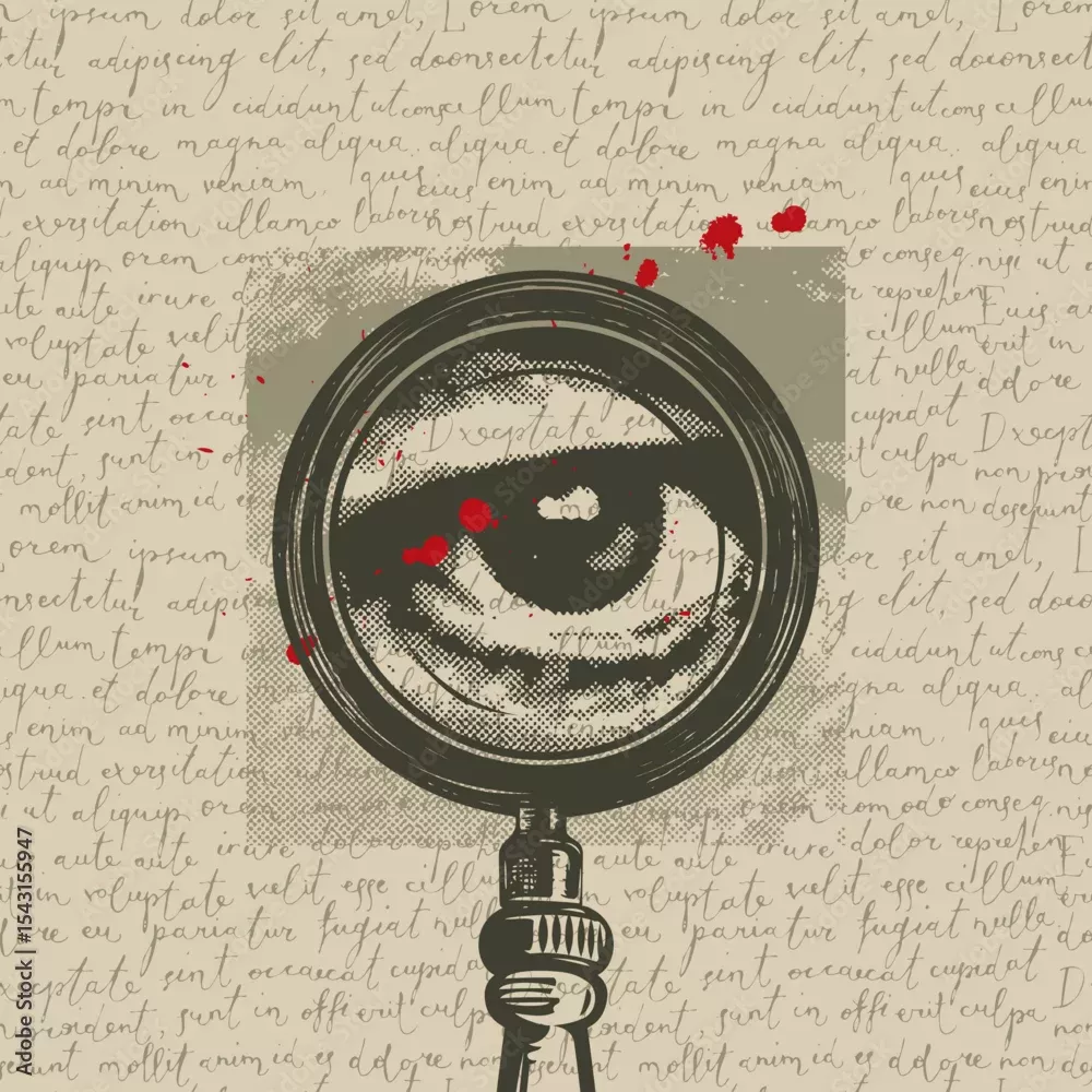 Image vectorielle Stock Detective and investigation theme vector banner with magnifying glass and human eye on calligraphic text or page, manuscript background. T-shirt design, print, illustration for book, magazine. No AI  | Adobe Stock