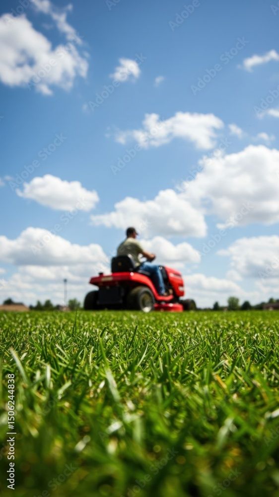 Freshly cut green grass with blurred man riding modern professional lawn mower in background