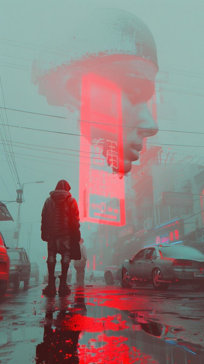 Neon Shadows: Faces in the Fog