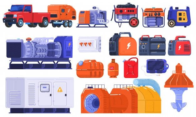 Generators set of energy generating portable electrical equipment, machines petrol fuel industrial engine  on white  illustration. | Premium Vector