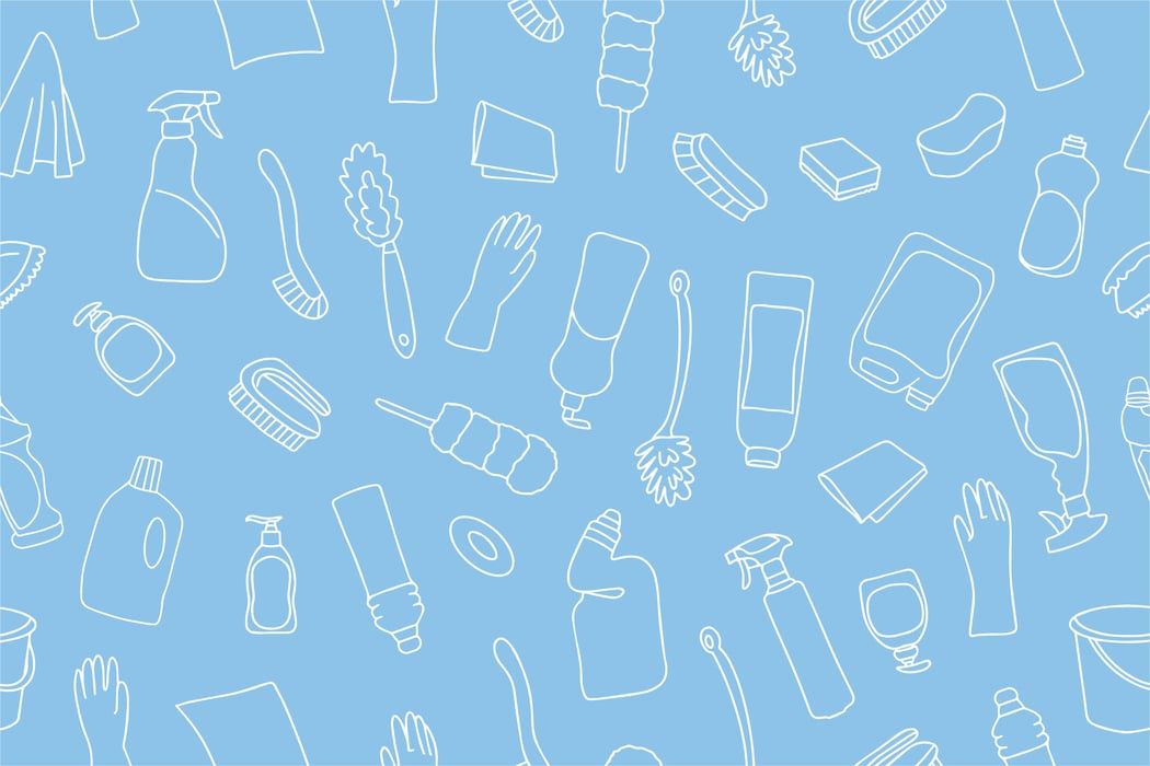 Seamless pattern of cleaning equipment. Cleaning line icons. Line of hand-drawn equipment, cleaning products and tools for washing and disinfecting the house, bucket and mop, detergent sprayer.