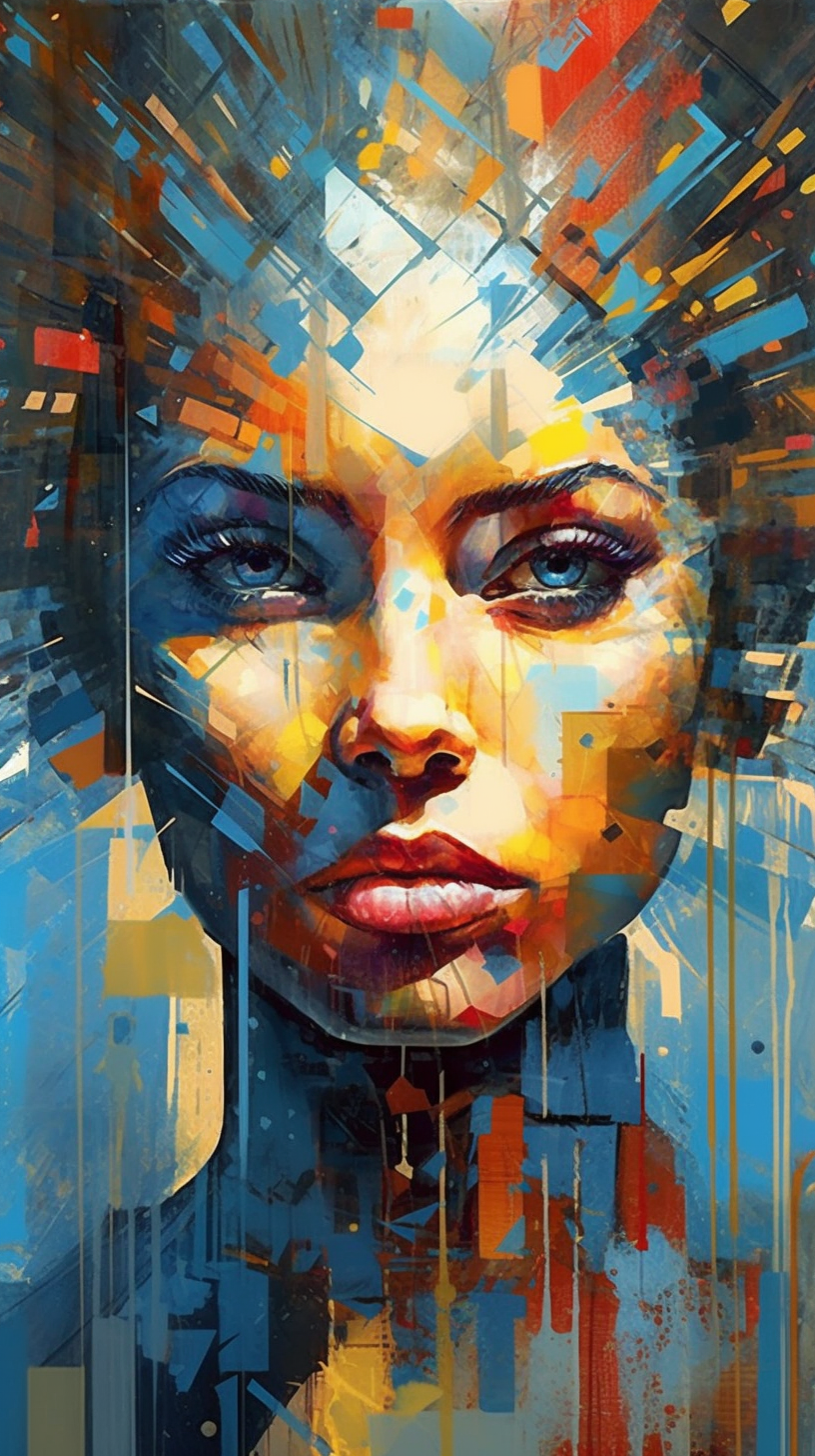 a painting of a woman’s face with many colors