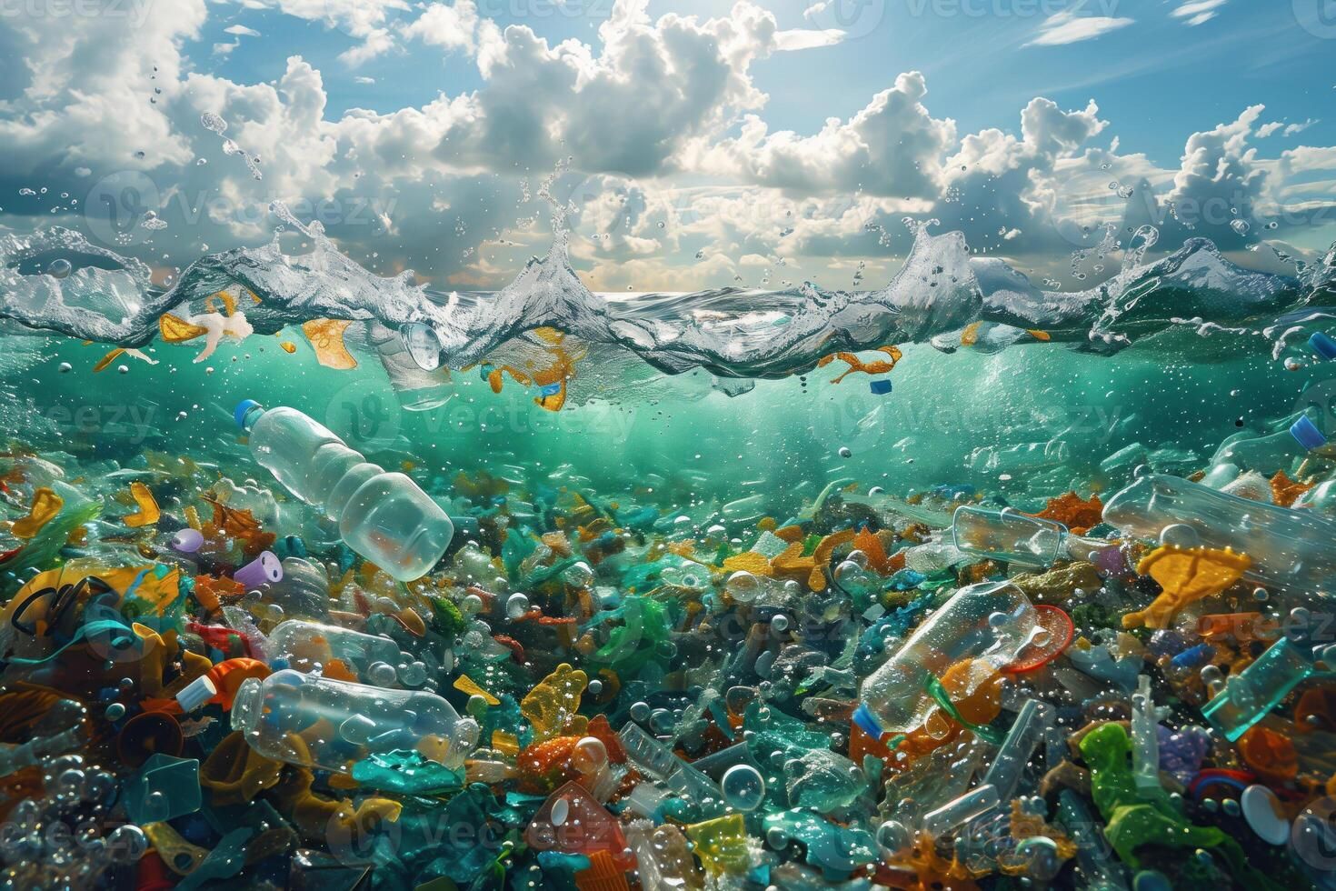 AI generated Plastic waste in the ocean. Environmental pollution.