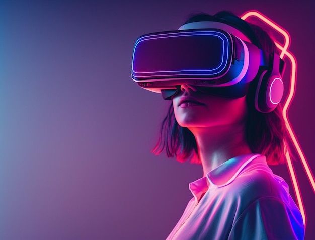 Young woman with neon lights wearing vr headset and experiencing virtual reality metaverse | Premium AI-generated image