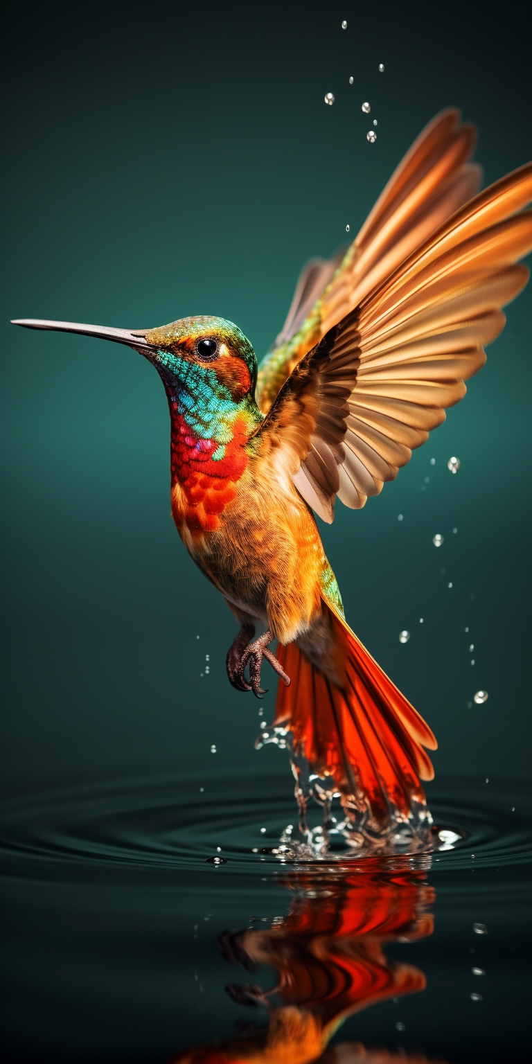 a colorful hummingbird taking off from a body of water