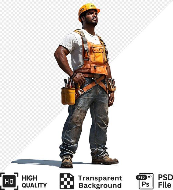 Download premium PSD Construction Worker Wearing Tool Belt and Hard Hat Standing Confidently on a Tr