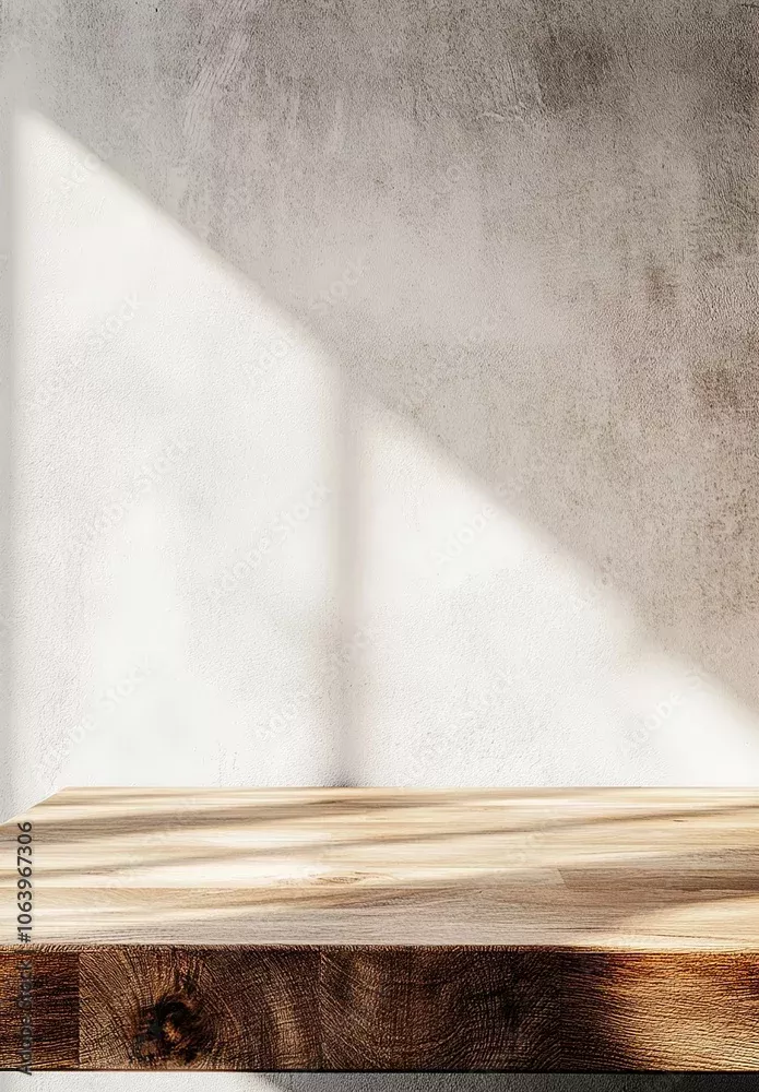 Elegant wooden tabletop counter in a clean and luminous kitchen setting, primed for display. This is a high-quality image suitable for a product Stock Photo | Adobe Stock