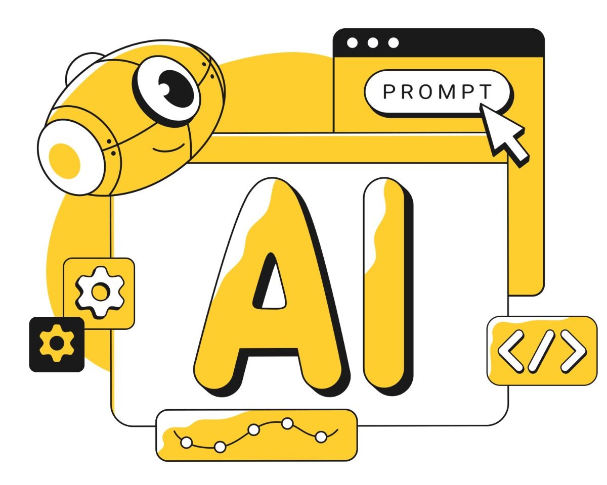 Lettering AI with robot head, code sign and gears text