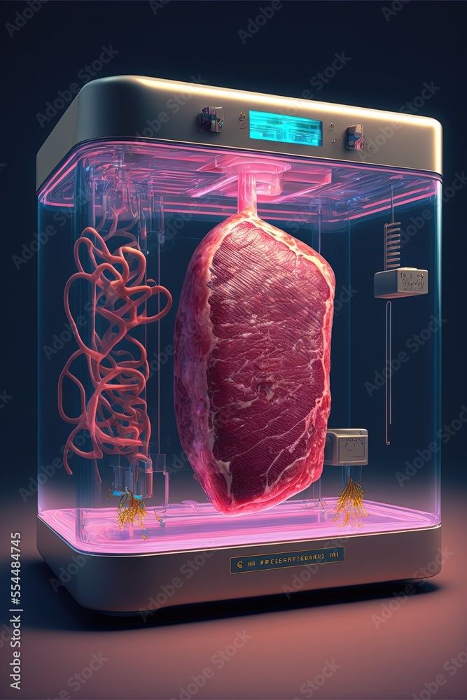 Lab grown meat, vegan meat, science for saving the environment, generative ai art, ethical meat, fake meat Stock Illustration