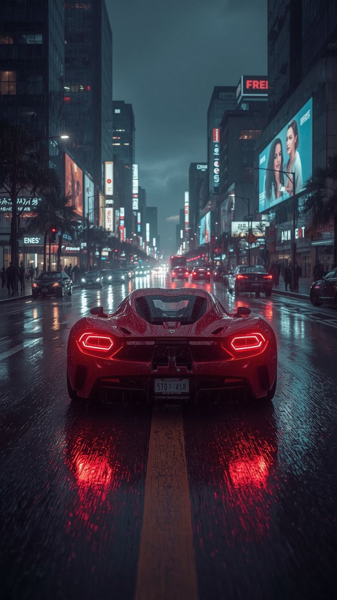 Futuristic Red Supercar Wallpaper – Rainy City Night Aesthetic