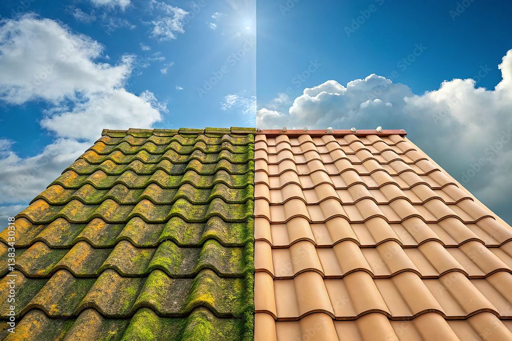 Roof Cleaning Before & After Transform Your Home’s Exterior with Professional Roof Cleaning Services.  Moss Removal, Algae Treatment, and Roof Restoration for a Sparkling Clean and Renewed Roof Stock Photo