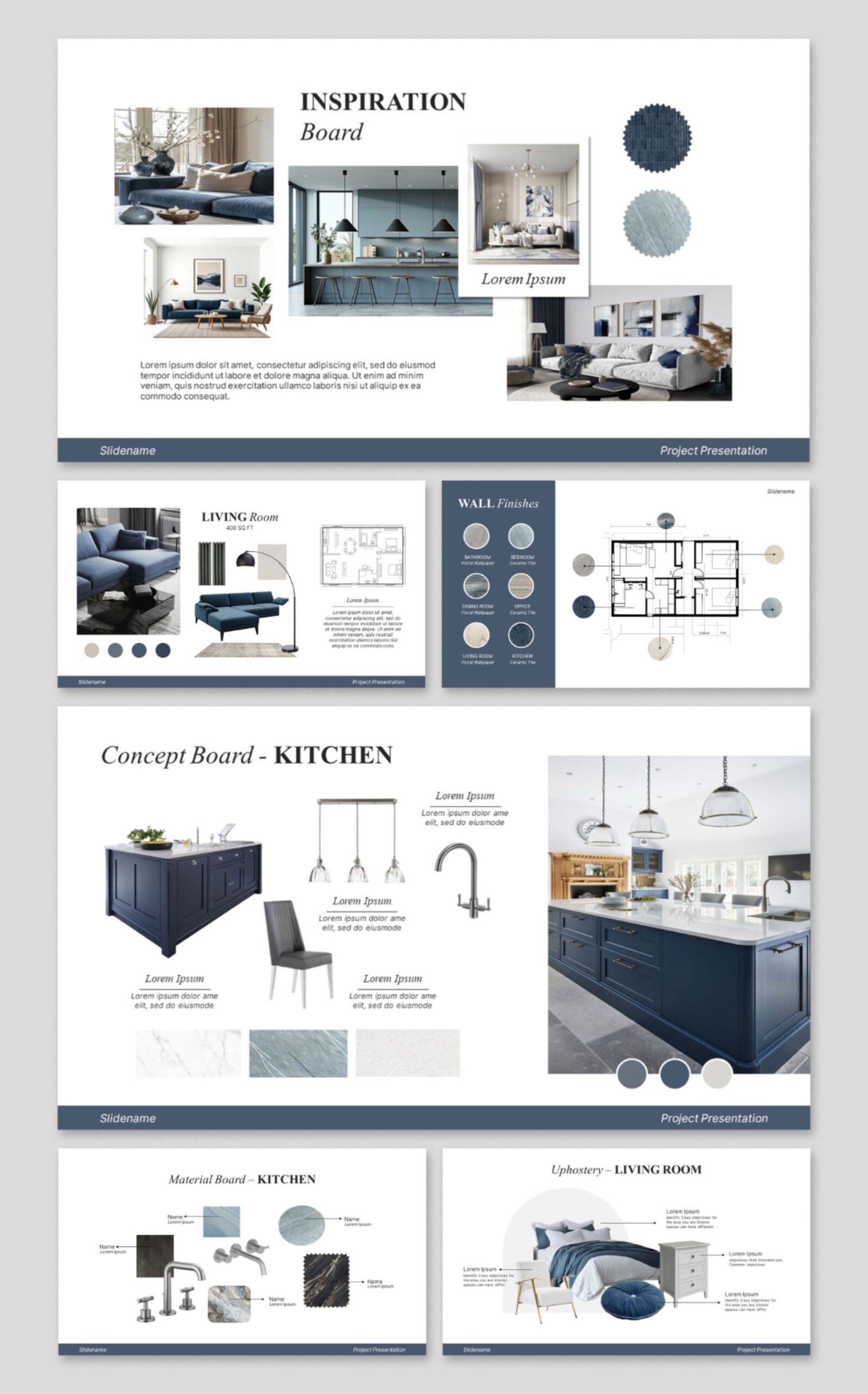 Interior Design Presentation Template, furniture selection, shopping list, interior moodboard