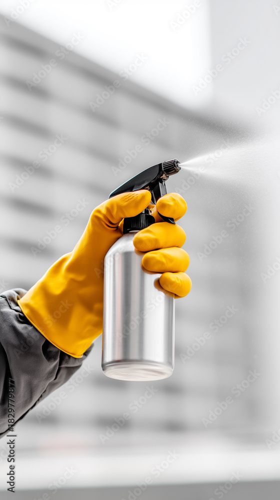 Cleaning worker in yellow gloves holding spray bottle applying disinfectant mist. Professional sanitization, hygiene service, surface cleaning. Home care, commercial sanitizing, COVID prevention. Фотографія Stock