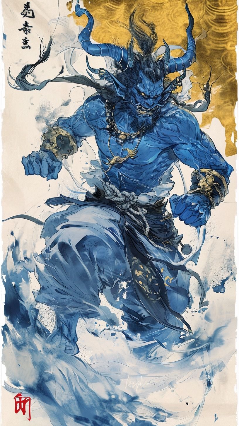 blue japanese oni mage, dynamic pose, dark gold and sky, highly detailed watercolor and pencil